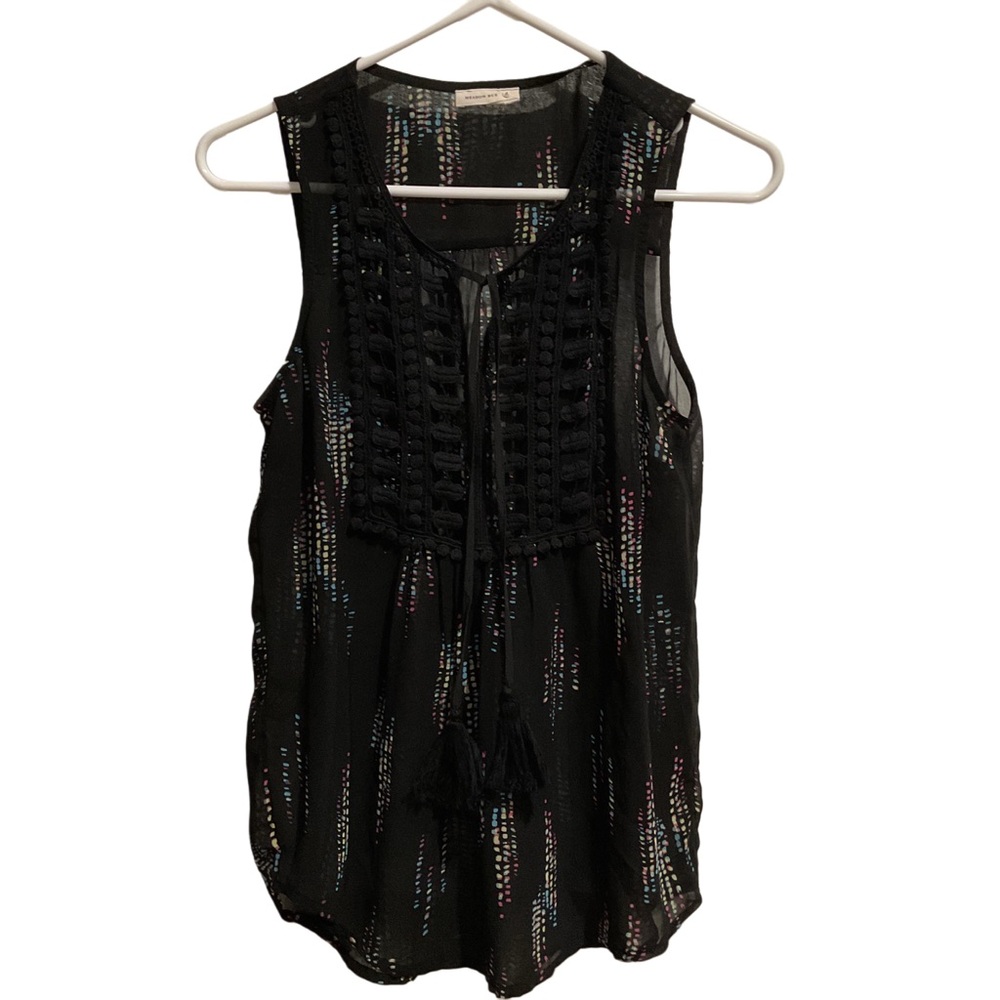 Meadow Rue Sheer Tank Top with‎ Tassels Black with Multicolor Detail